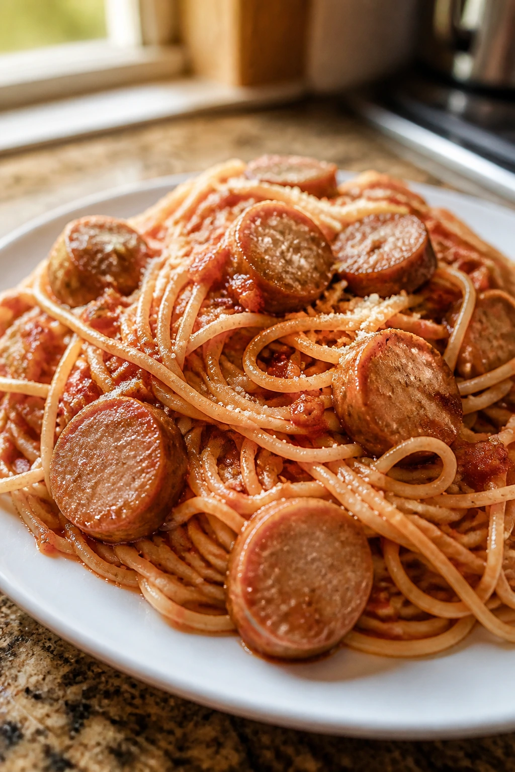 Plate of spaghetti with turkey sausage in tomato sauce close-up