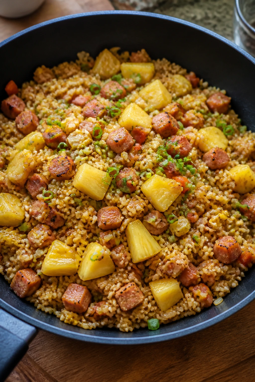 Close-up of Spam fried rice with pineapple pieces