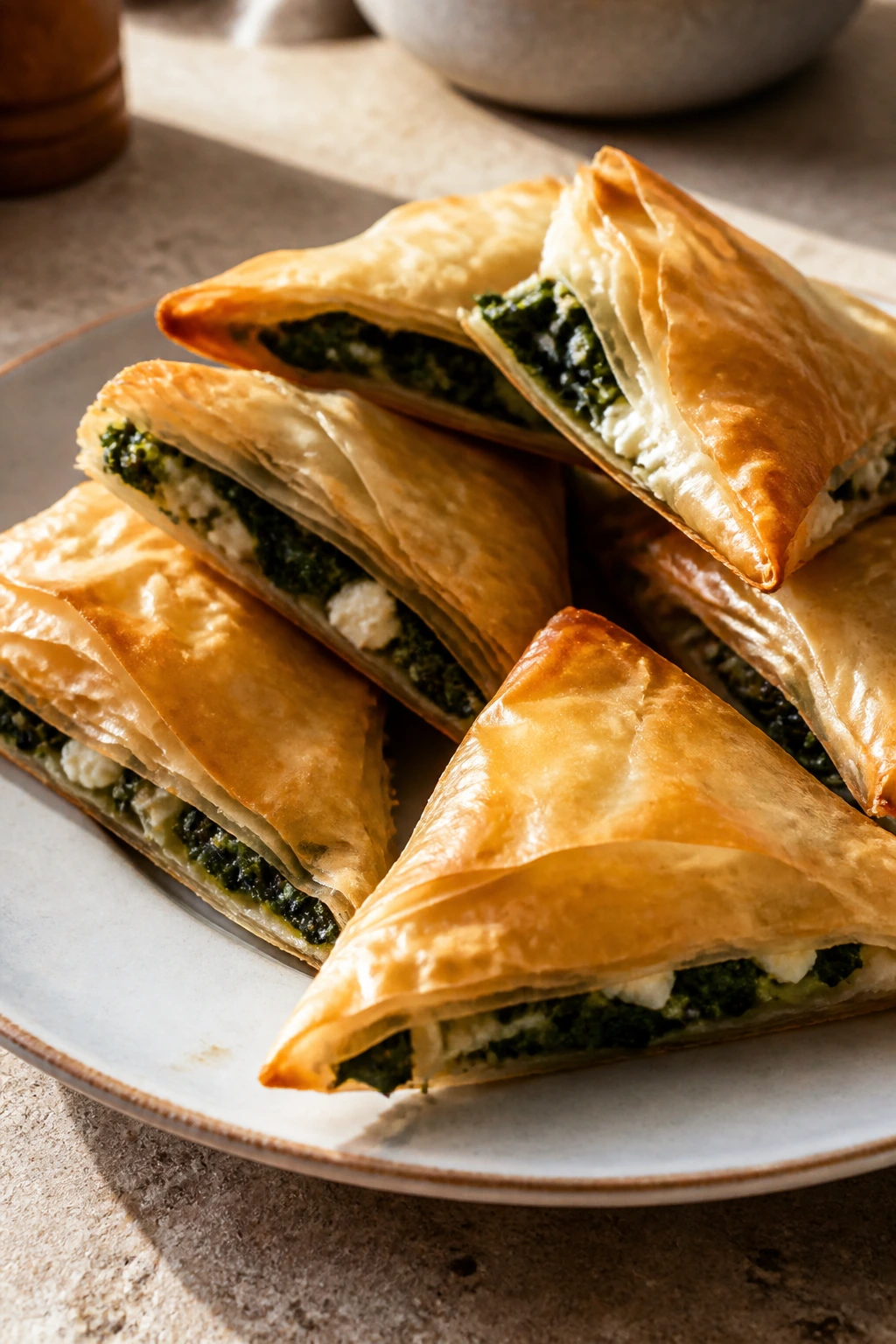 Close-up of crisp spanakopita triangles on a plate