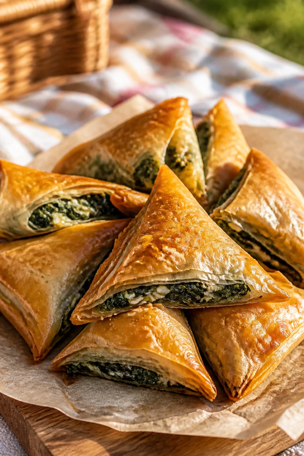 Golden Spanakopita Triangles on a picnic board outdoors