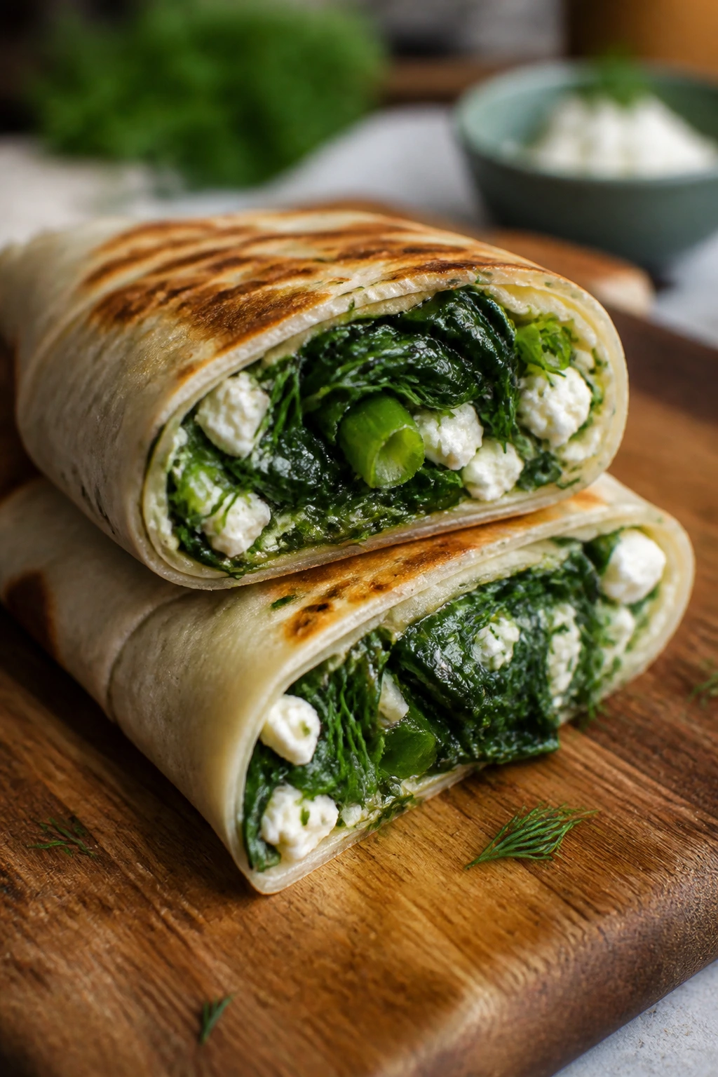 Close-up of Spanakopita-Style spinach feta dill wrap filling on wooden board