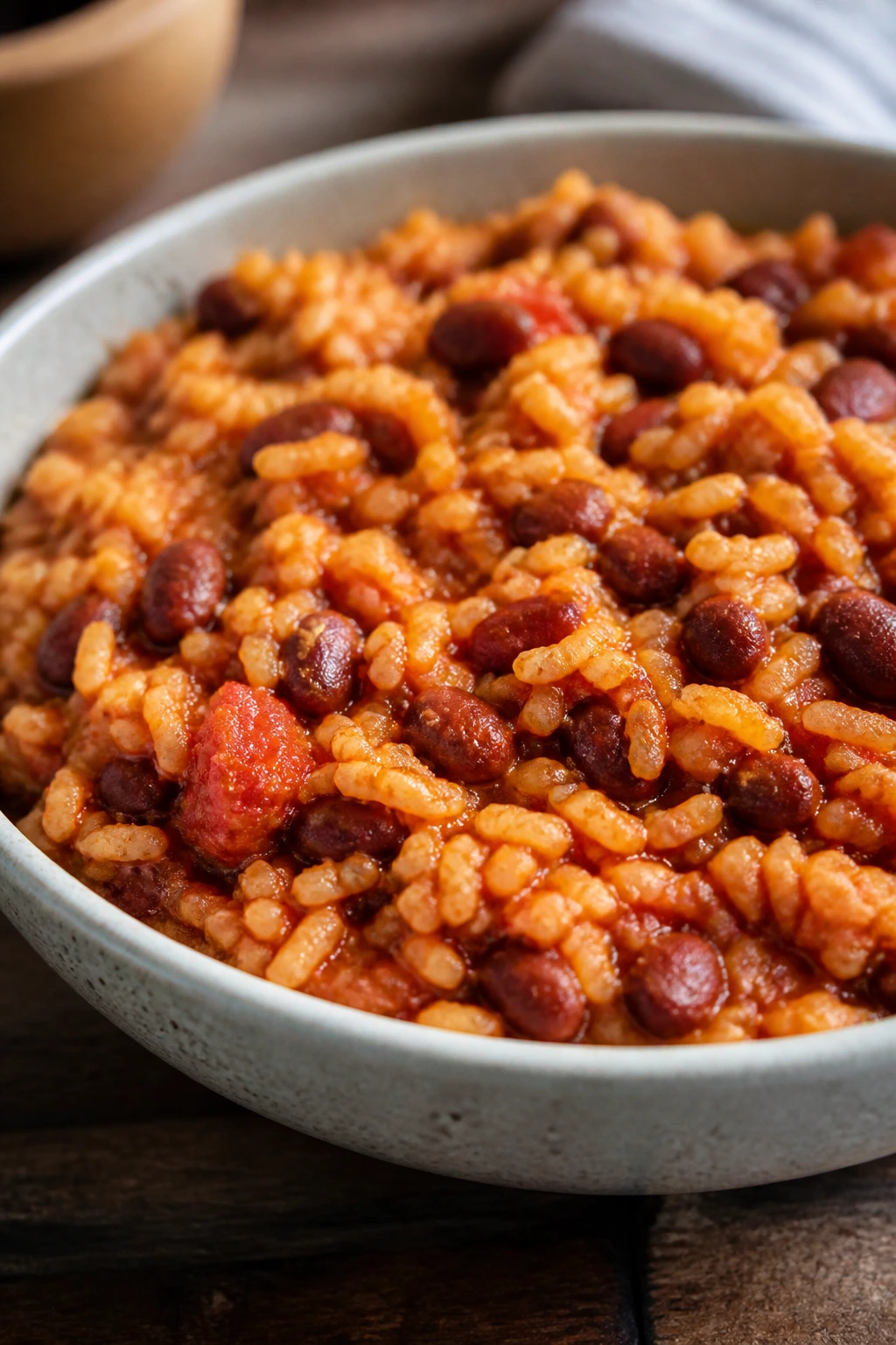 Bowl of Spanish rice and beans in a cozy kitchen