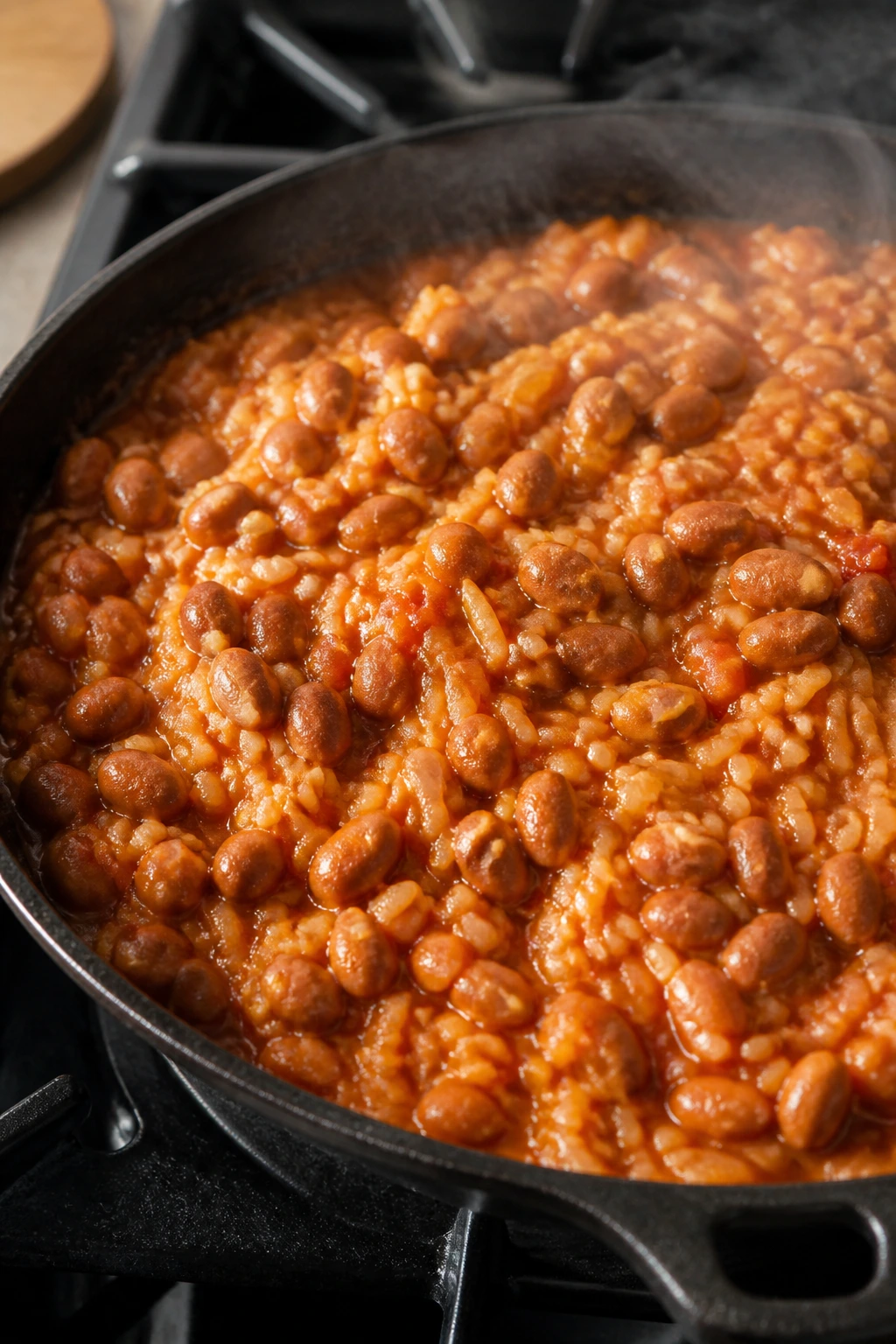 Skillet with Spanish rice and beans in tomato sauce