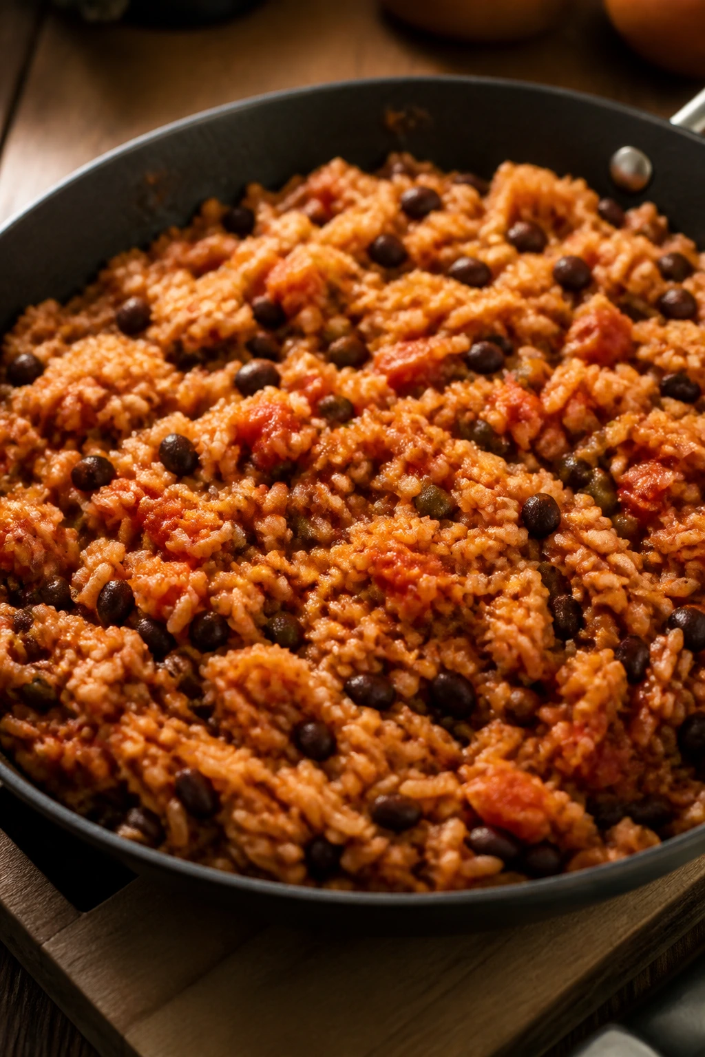 Close-up of Spanish rice with beans in a skillet on a wooden counter