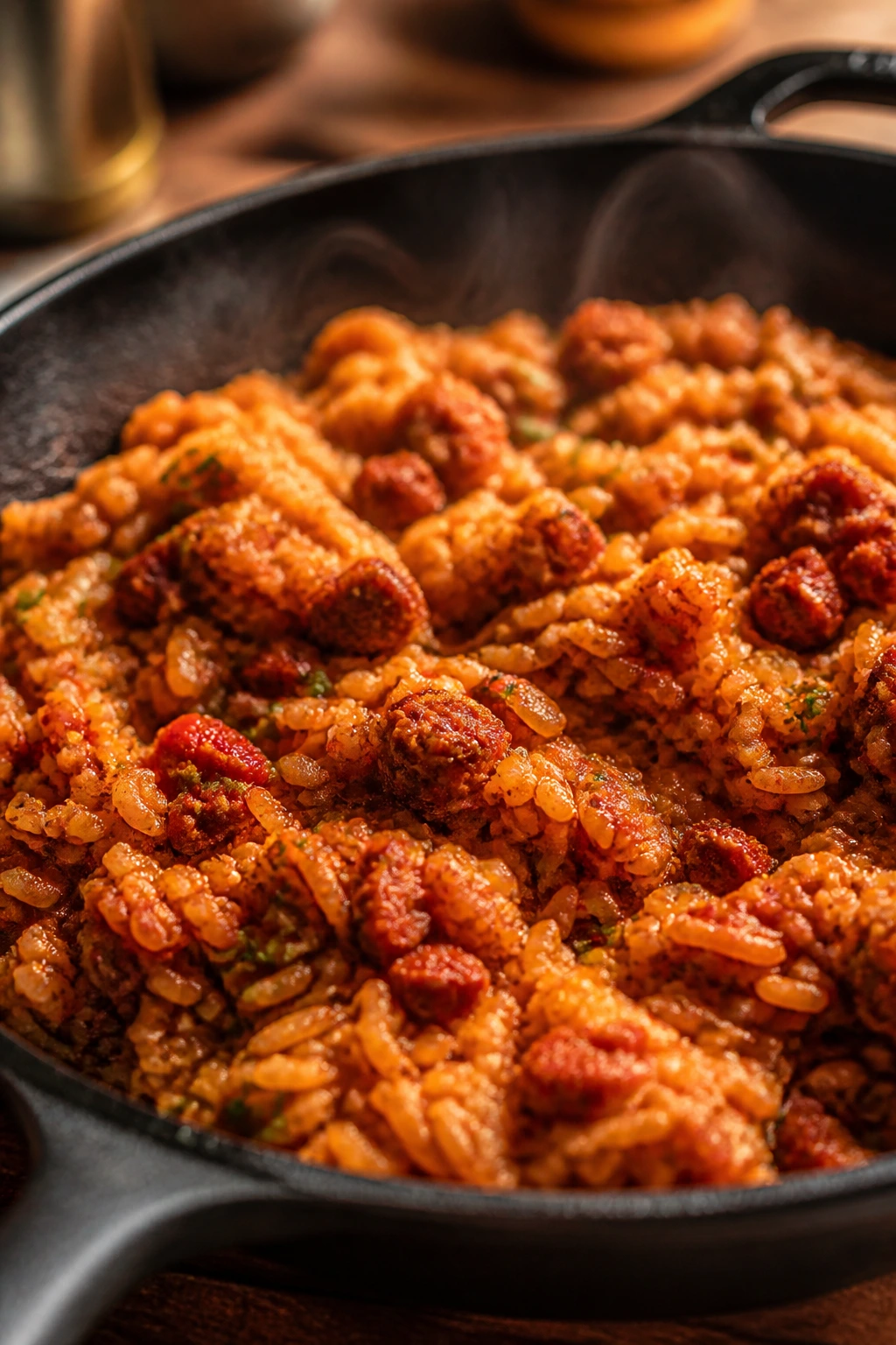 Close-up of Spanish rice with chorizo in a skillet