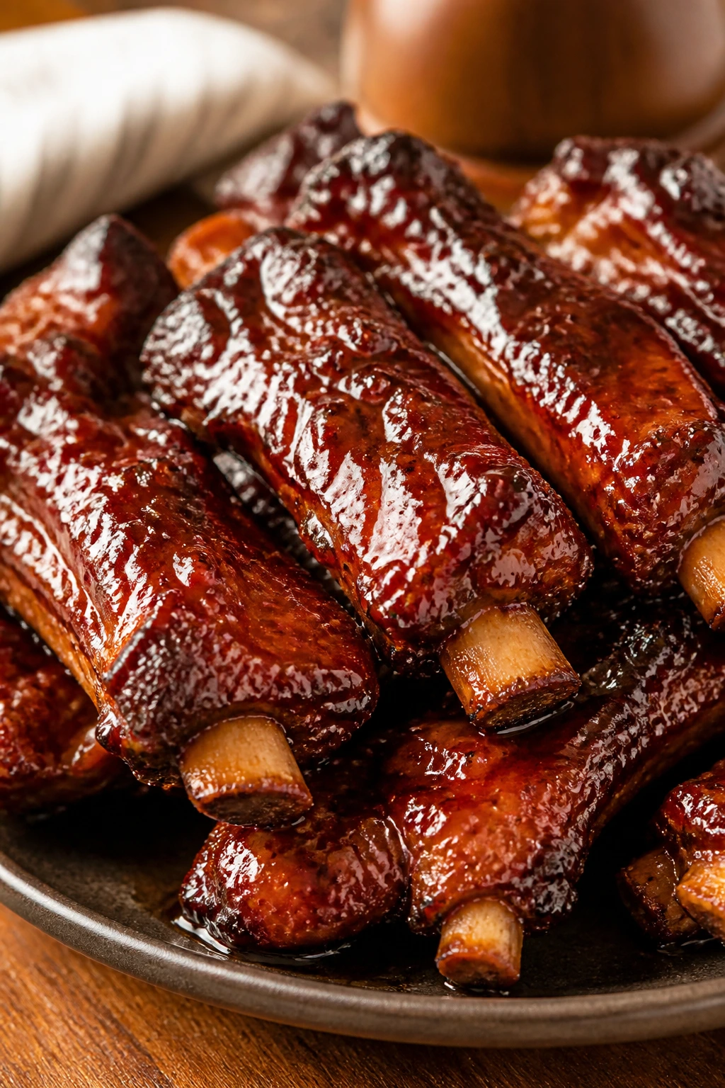 Sticky glazed spare ribs on plate
