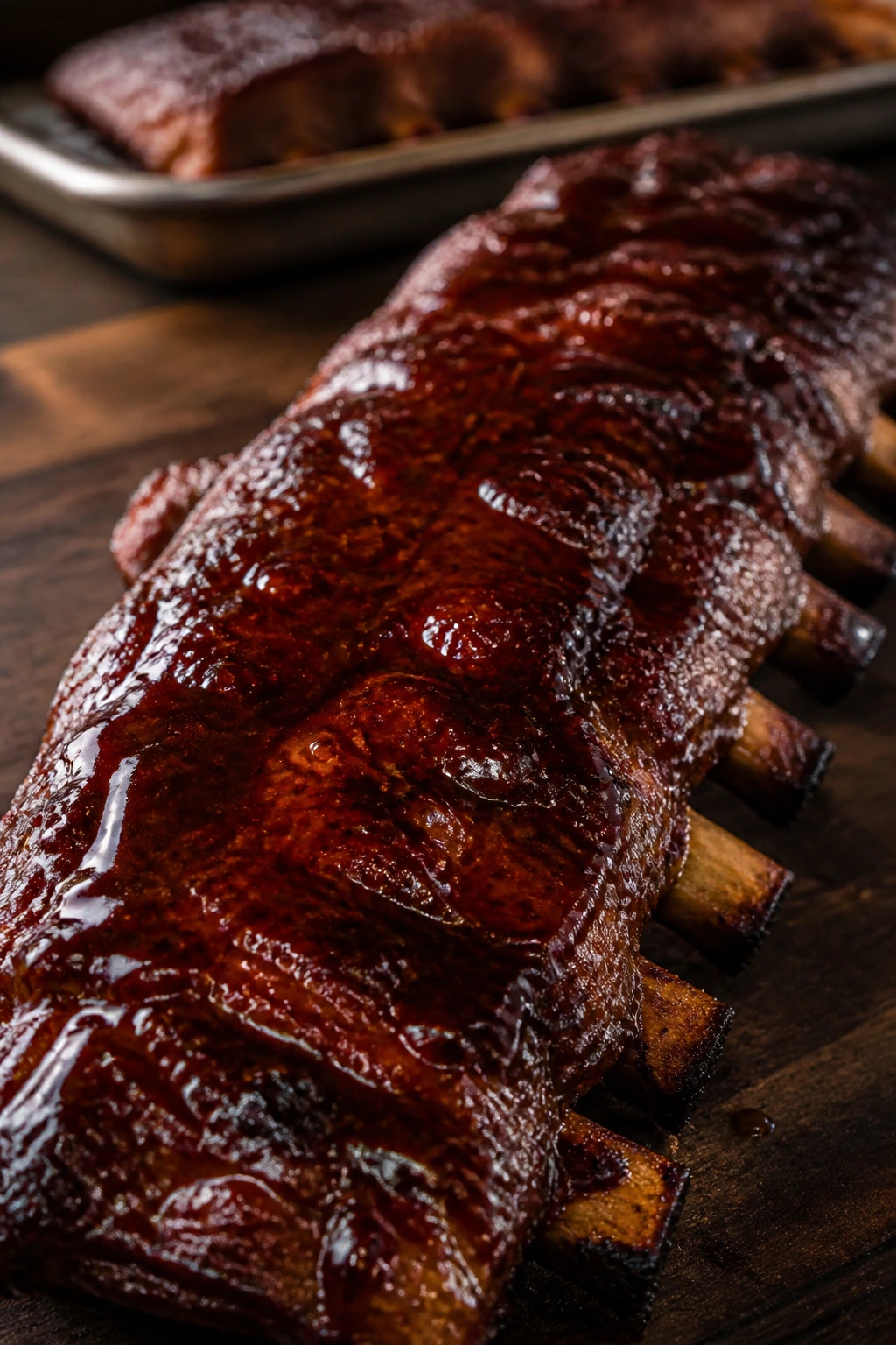 Rack of hoisin-glazed Chinese spare ribs on a dark wooden surface with warm kitchen lighting