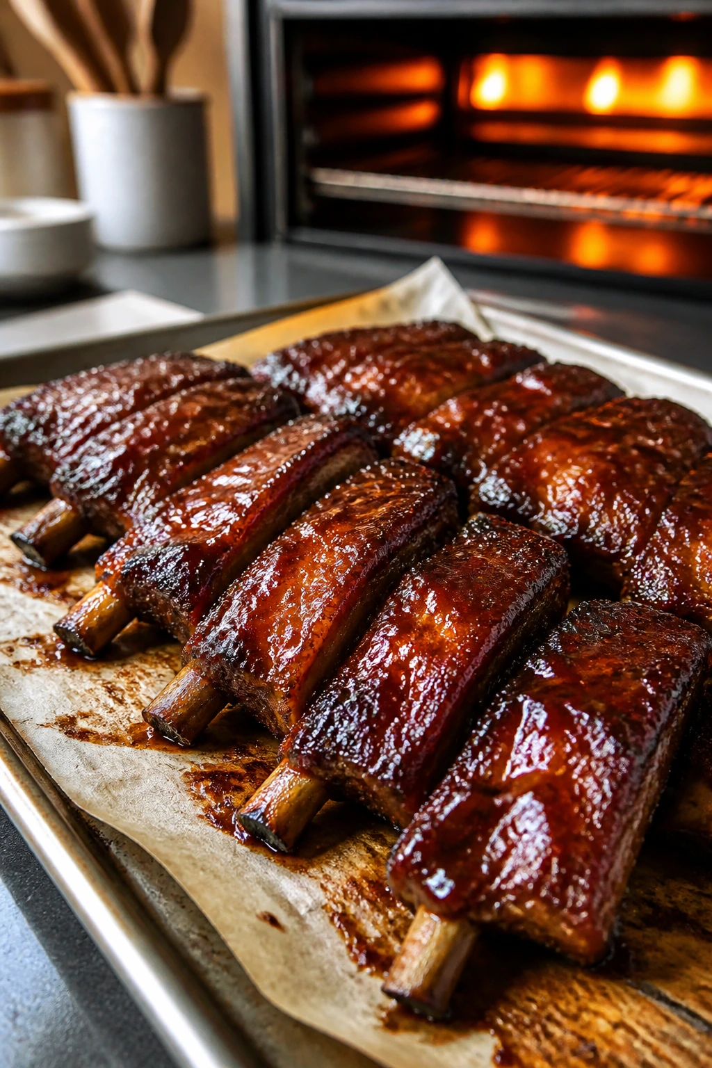 Close-up of spare ribs with a sticky glaze on a sheet pan