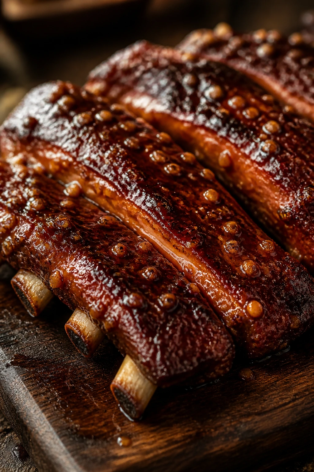 Close-up of glossy honey-garlic glazed spare ribs on a dark cutting board