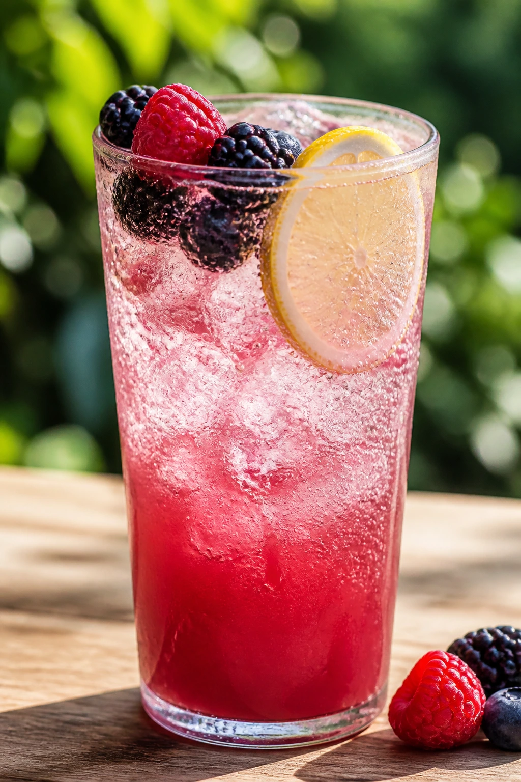 Sparkling berry lemonade in a tall glass outdoors