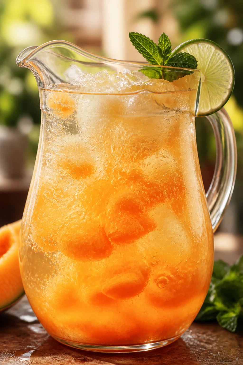 Close-up of sparkling cantaloupe tea punch in a glass pitcher with mint and lime garnish