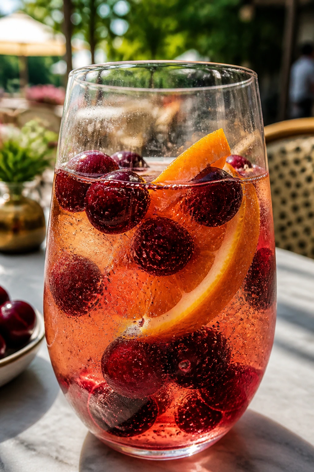 Sparkling Cherry Sangria in a glass with cherries and orange slices on a sunny table