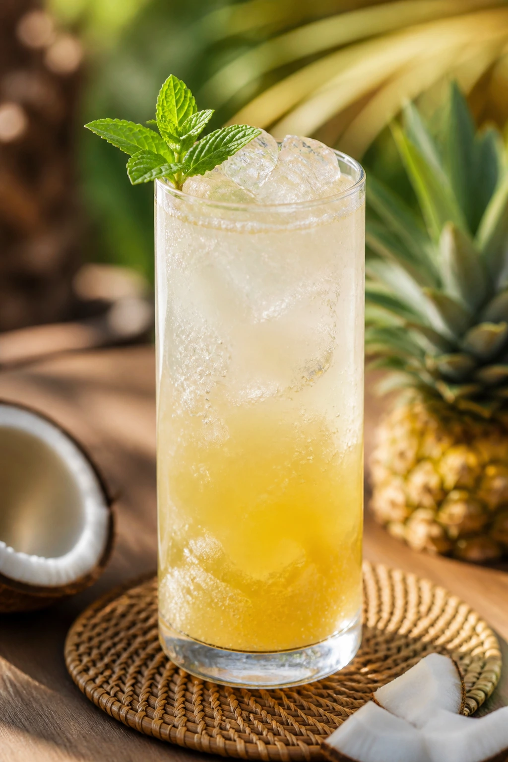 Sparkling coconut mocktail in a tall glass with mint