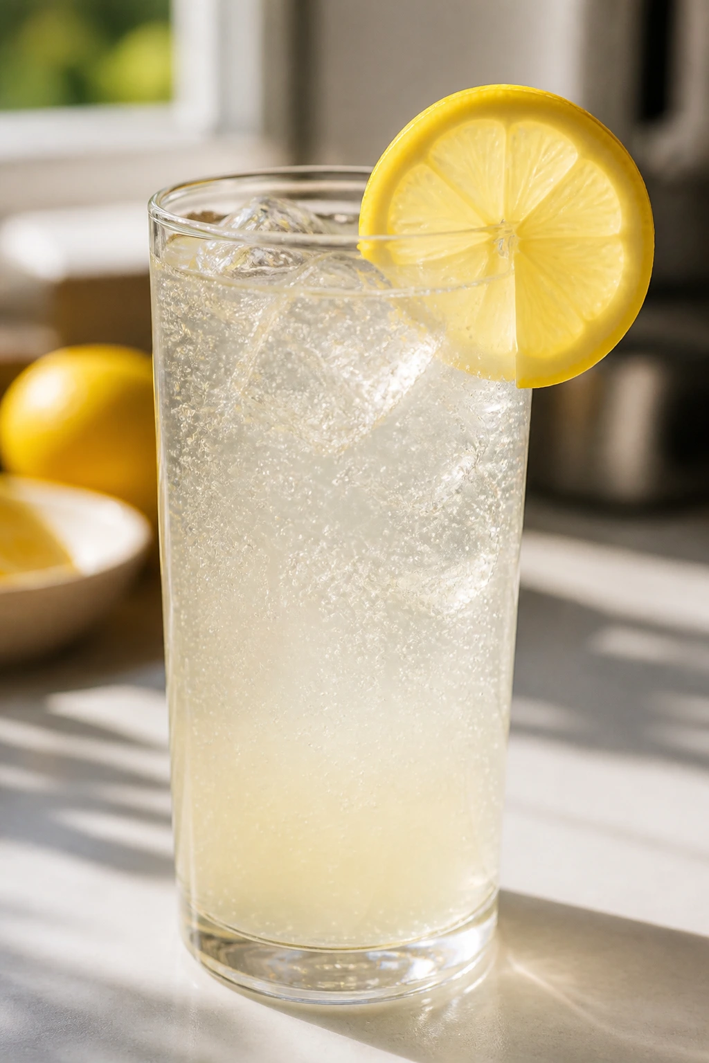 Sparkling lemon soda in a tall glass with bubbles and lemon wheel