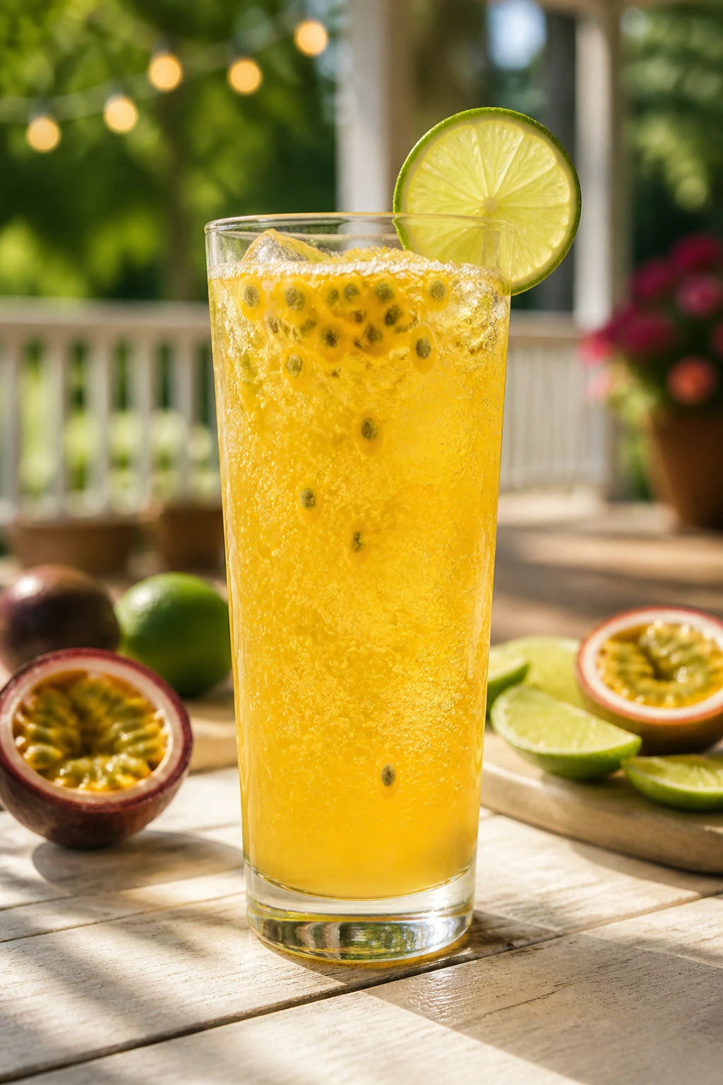 Sparkling passion fruit juice on a sunlit porch with lime garnish