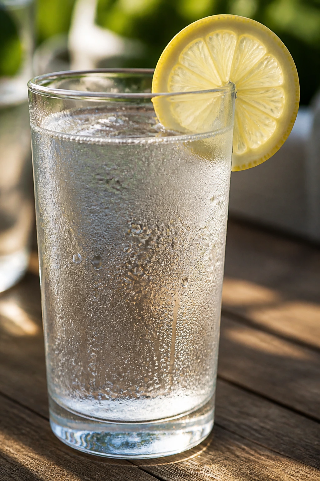 Glass of sparkling water with lemon on a wooden table