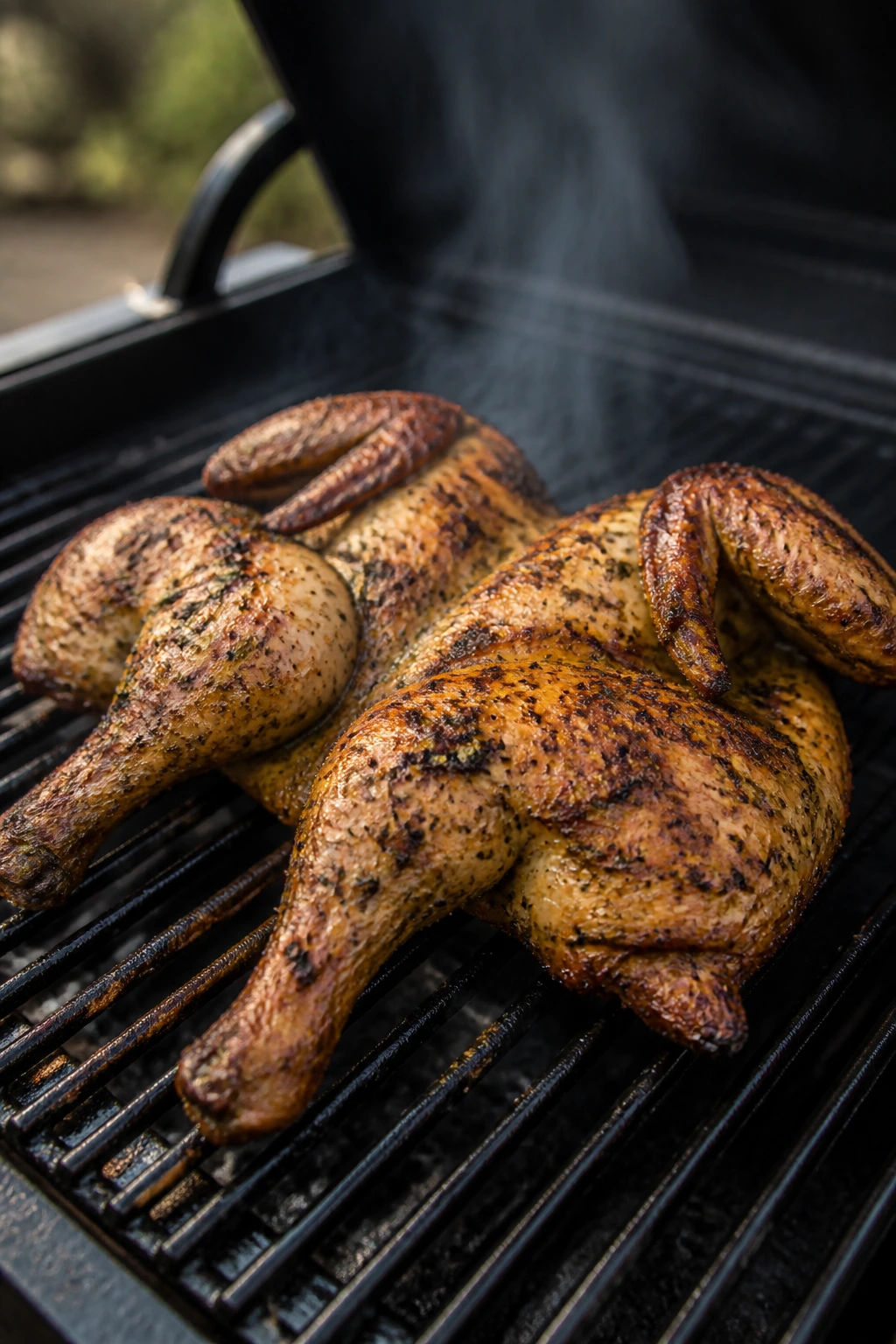 Close-up of spatchcock chicken with garlic-herb rub on a pellet grill
