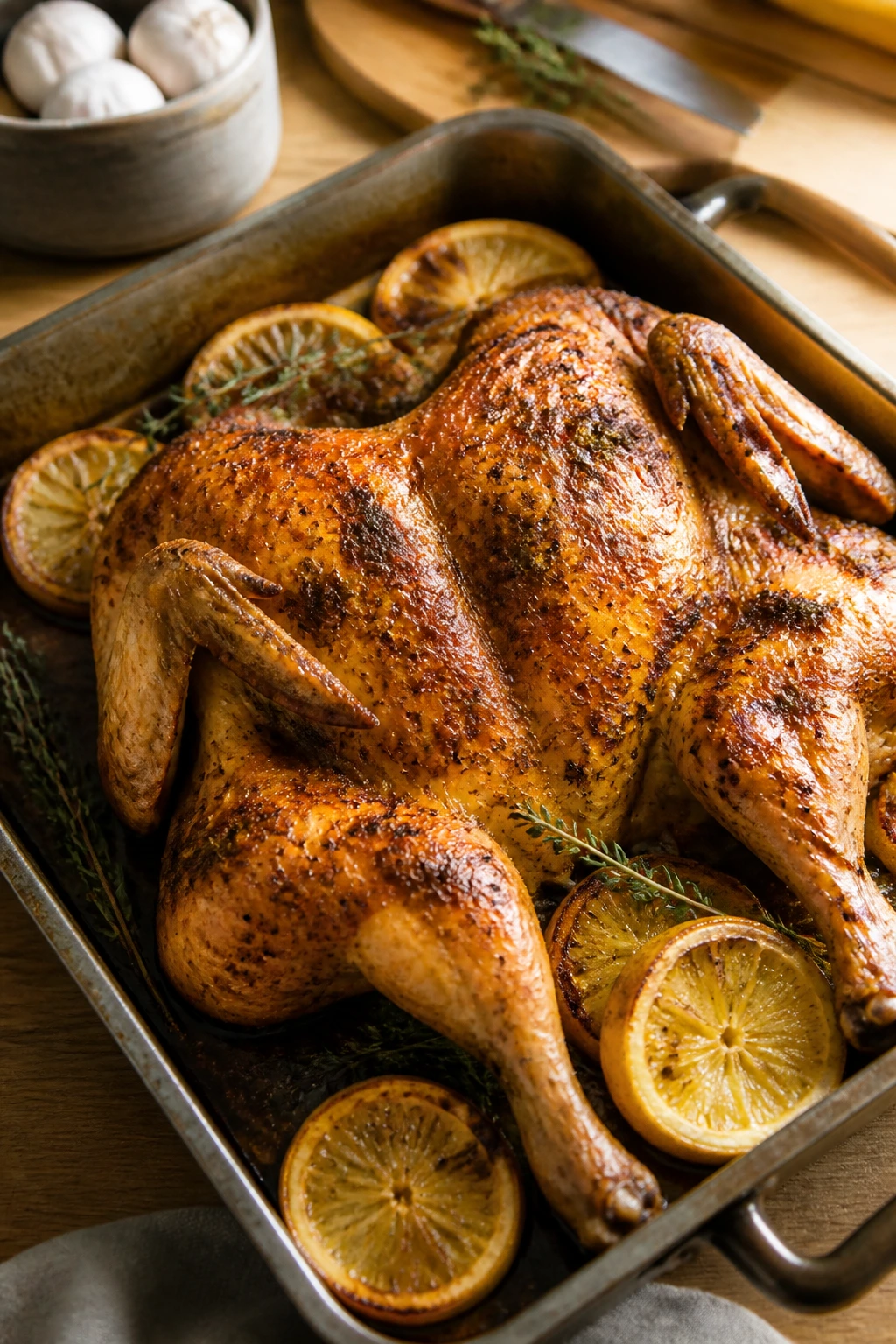 Spatchcock chicken flattened on roasting tray with lemon and thyme