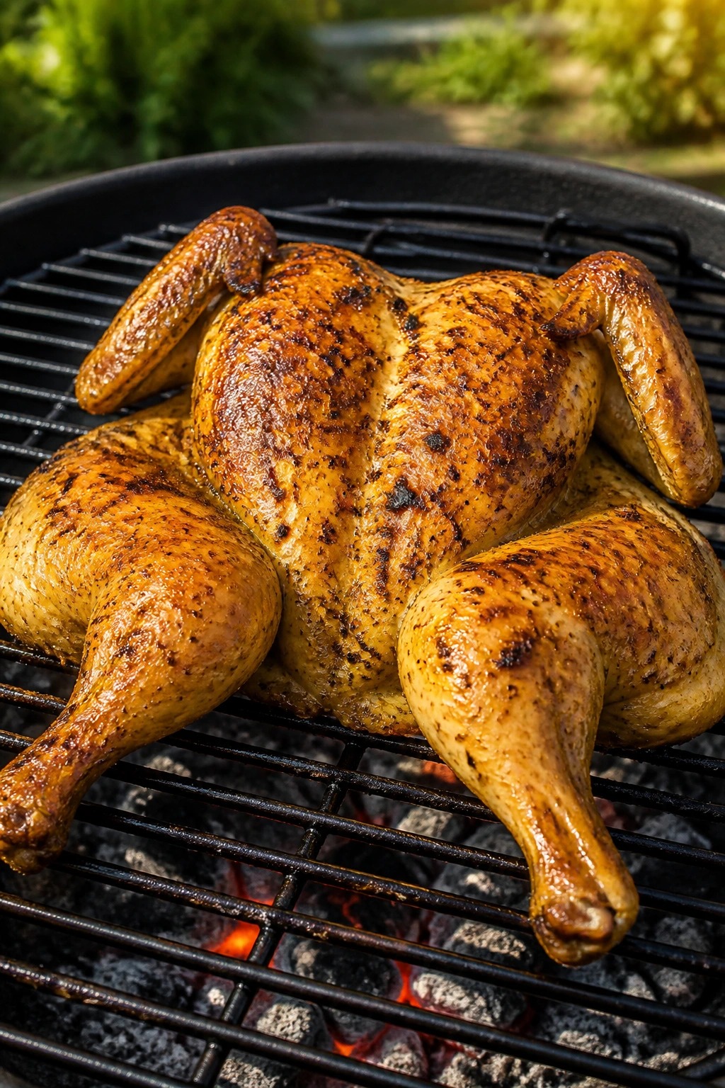 Close-up of spatchcocked chicken on a grill with crispy skin