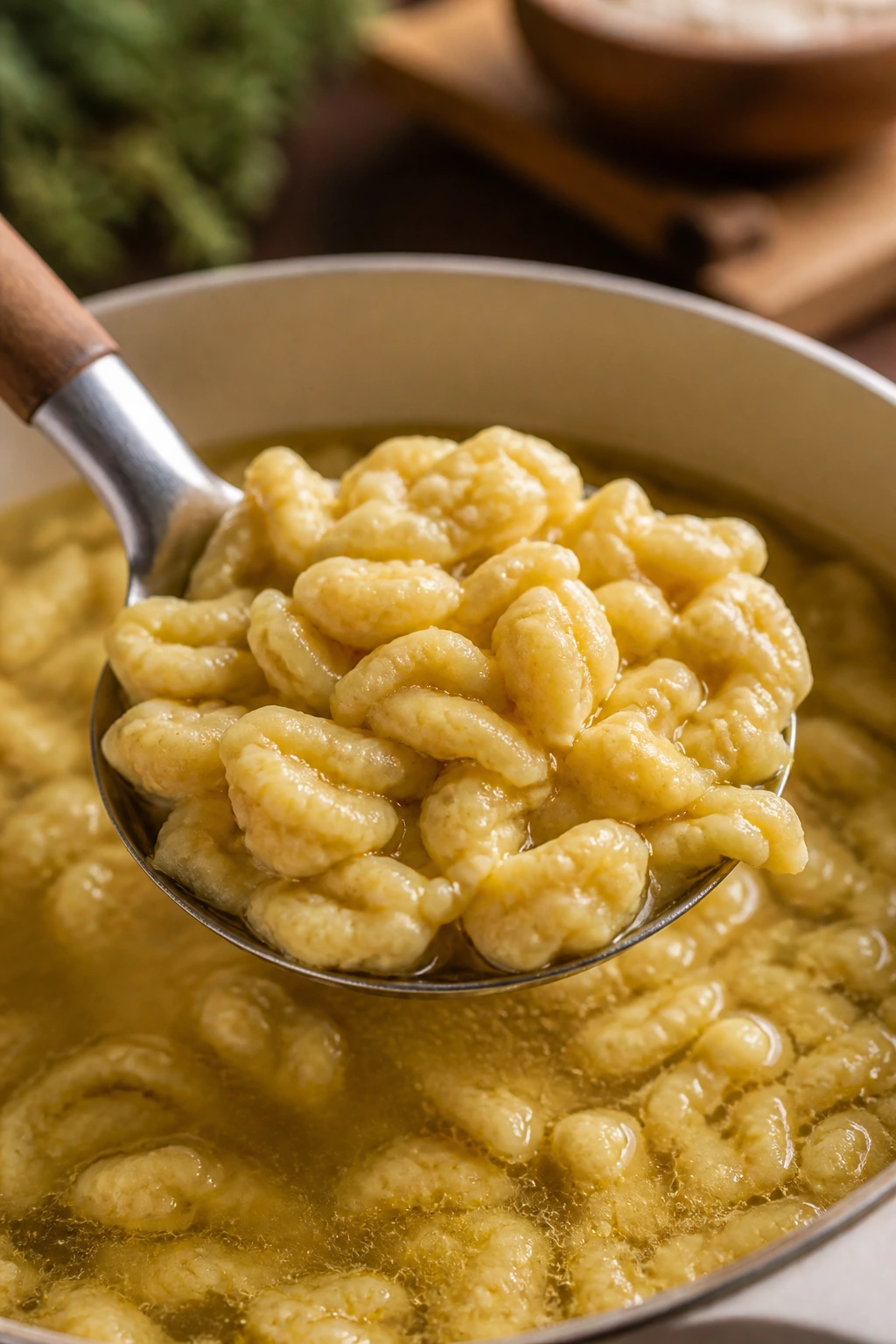 Close-up of chewy spätzle-style egg dumplings in soup