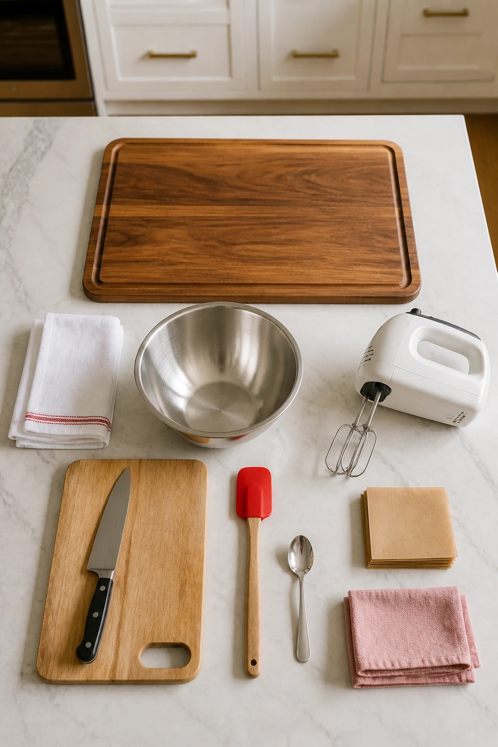 Top-down view of dessert-board equipment arranged neatly on a kitchen counter