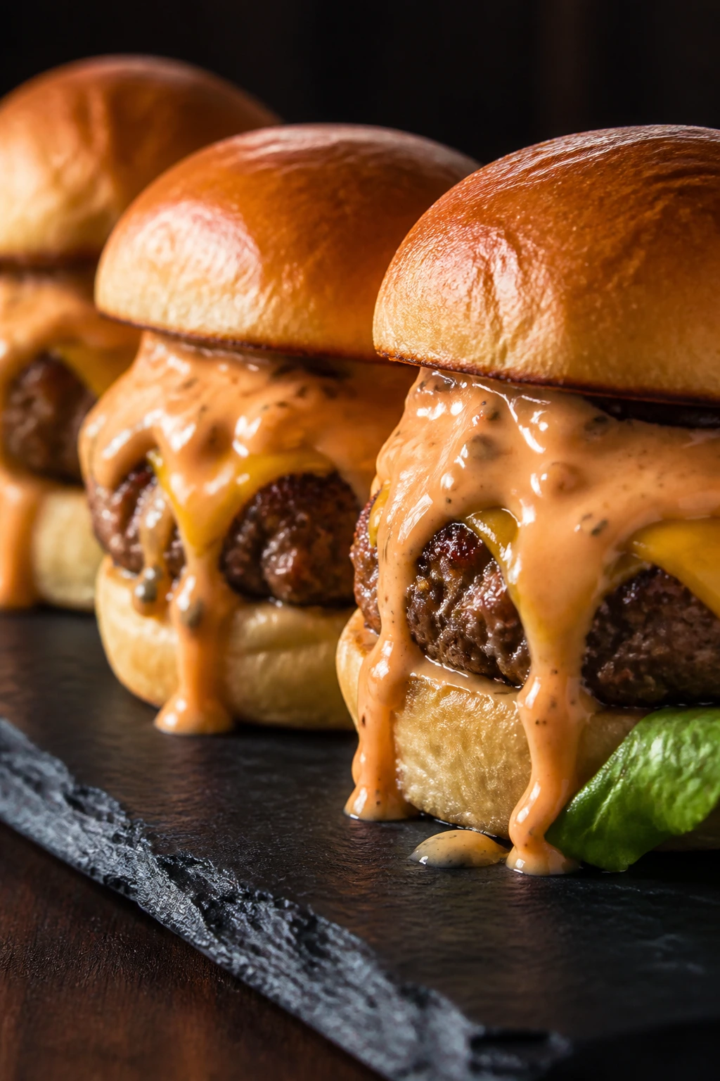 Sliders with thick special sauce and melted cheese on a slate board