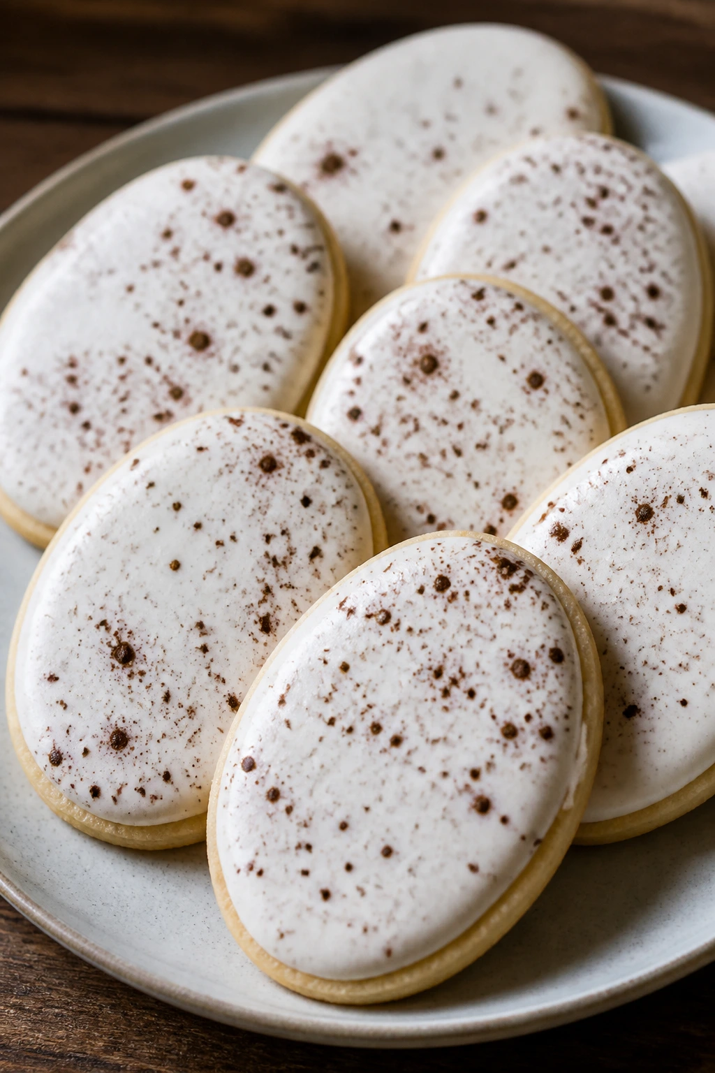 Oval speckled egg cookies with white icing and cocoa speckles on a plate.