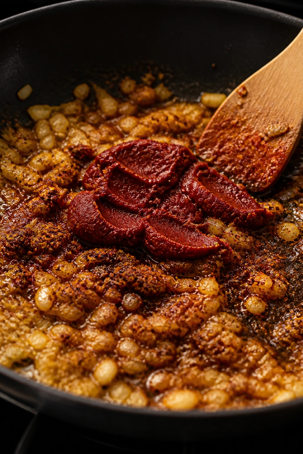 Onions and spices blooming in oil to flavor enchilada soup