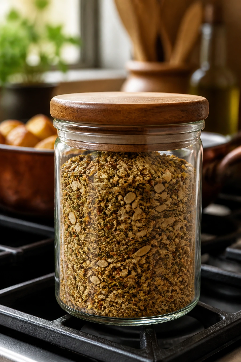 Close-up of a glass spice jar by a stove with garlicky Mediterranean seasoning