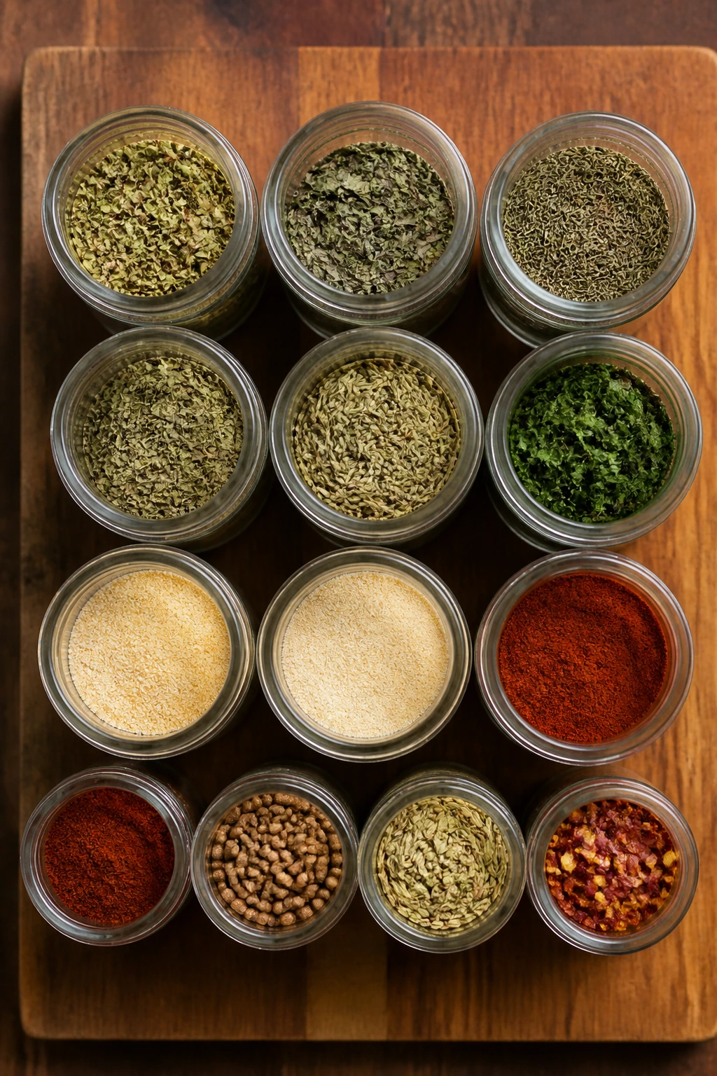 Overhead lineup of spice jars with various Mediterranean spices on a wooden board