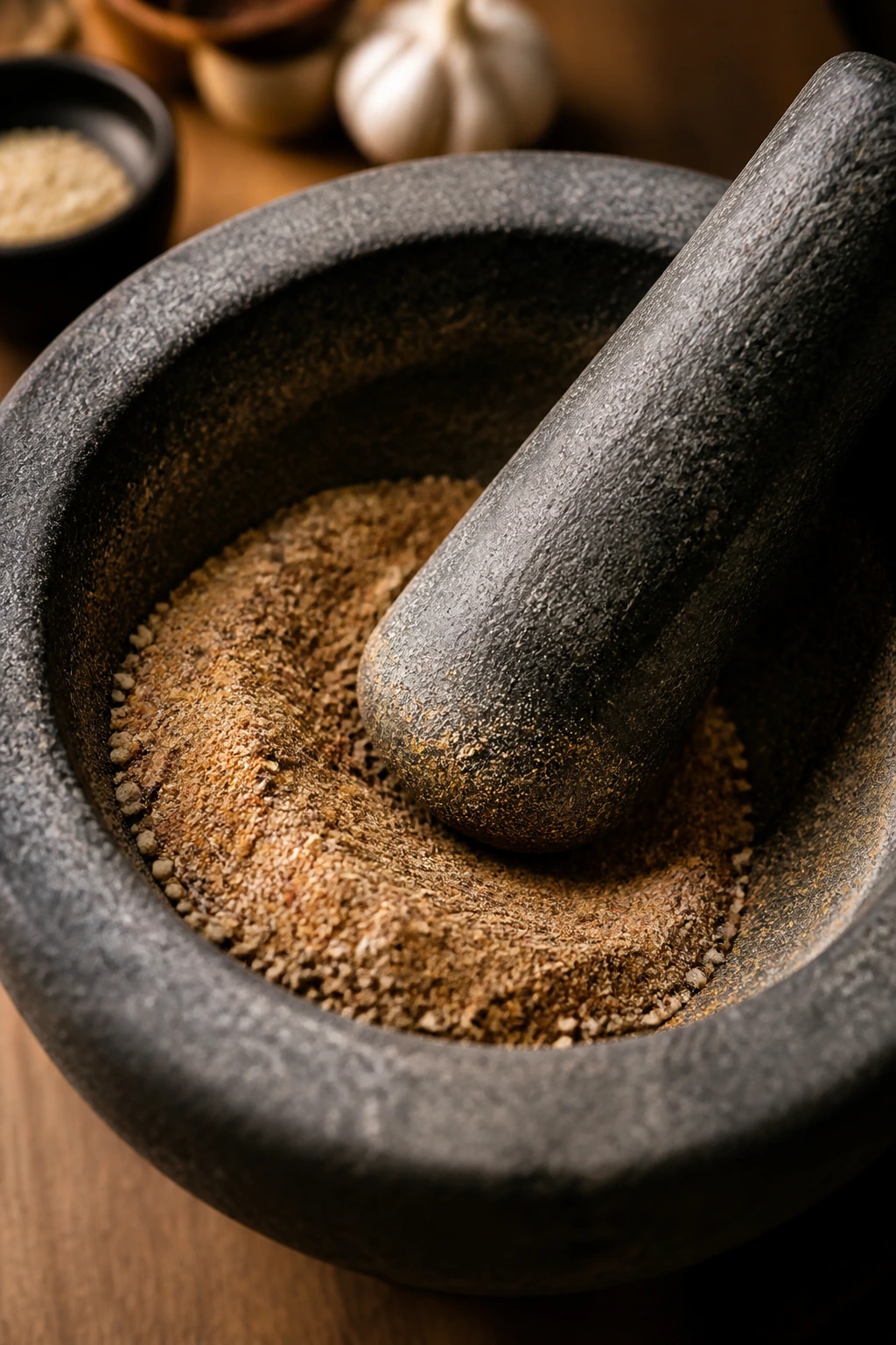 Mortar and pestle with aromatic spice powders
