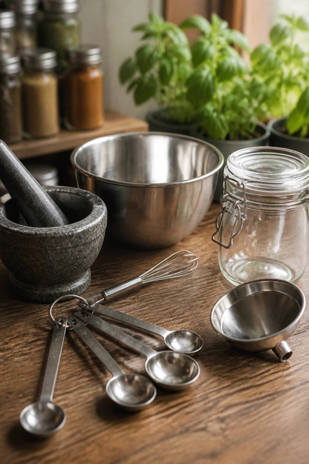 Spice blending tools arranged on a wooden surface