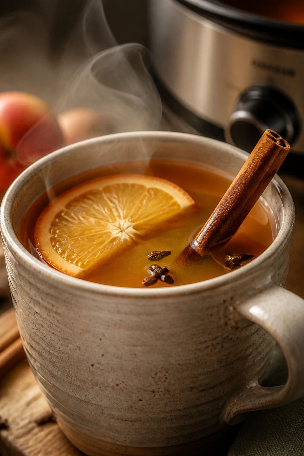 Close-up of a steaming mug of spiced apple cider with orange and cinnamon in a cozy kitchen