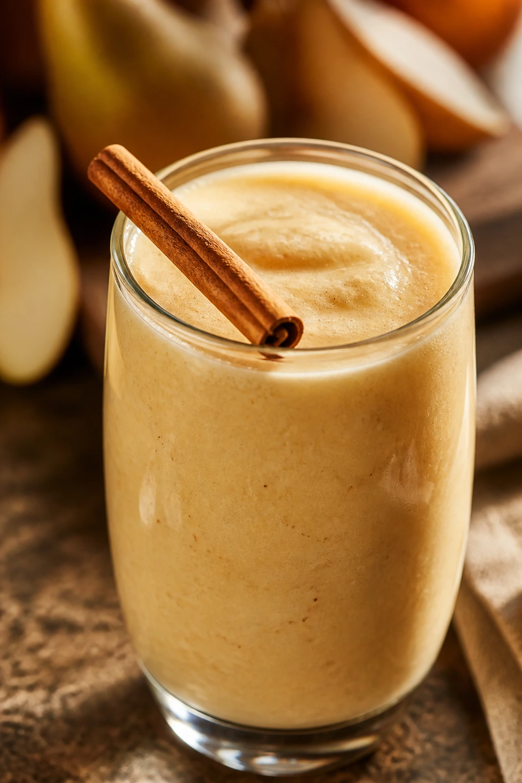 Close-up of Spiced Pear Vanilla Smoothie with cinnamon stick on rim