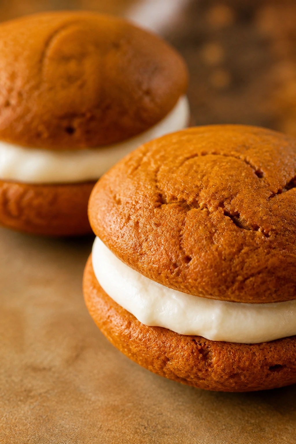 Close-up of two spiced pumpkin whoopie pies with cream cheese filling