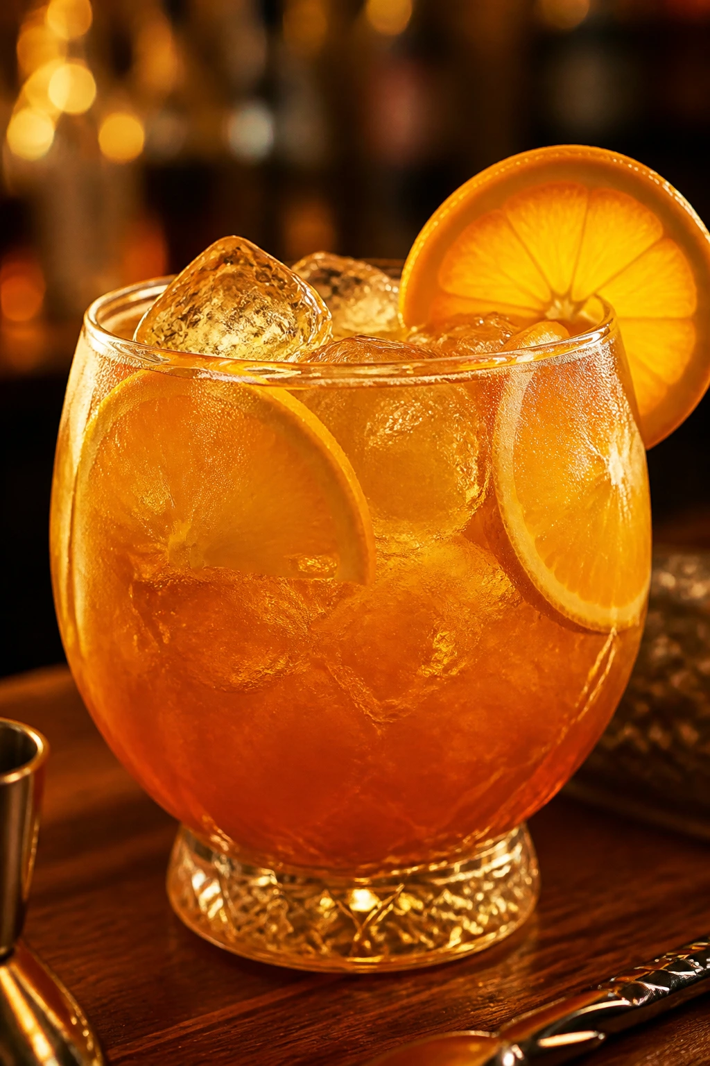Amber Spiced Rum Citrus Punch in a glass with orange slices on a warm bar