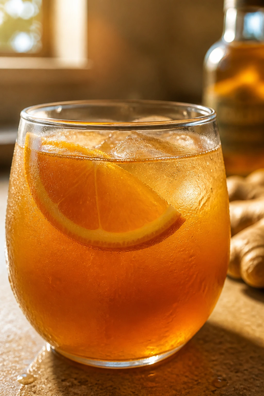 Close-up of Spiced Rum-Ginger Punch in a glass with orange slice