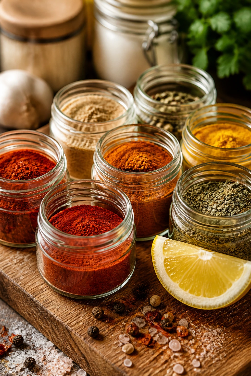 Spices and lemon wedge on a wooden board representing inexpensive flavor boosters.