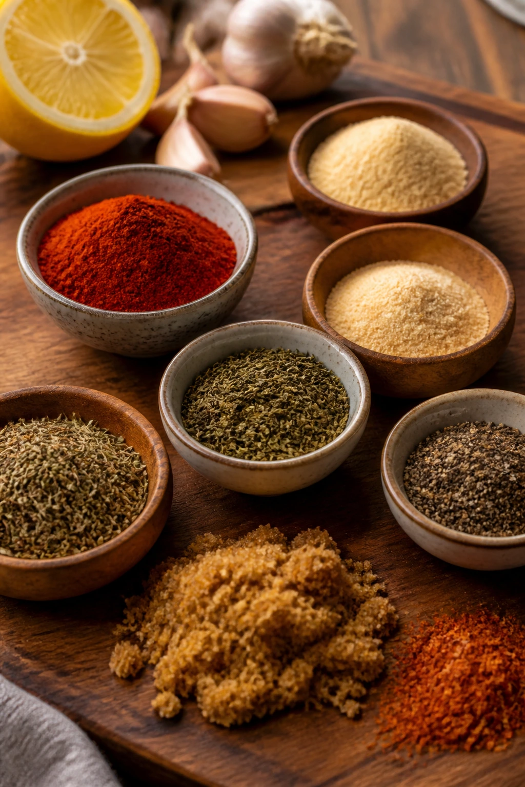 Close-up of spice piles for rotisserie rub on a wooden board
