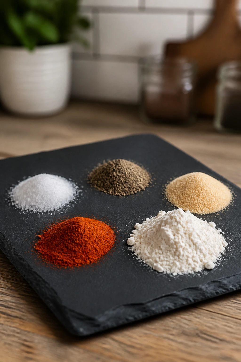 Piles of salt, pepper, garlic powder, paprika, and flour on slate