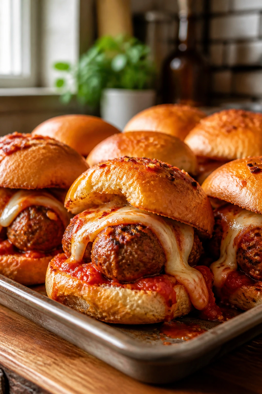 Close-up of spicy arrabbiata meatball sliders with red sauce
