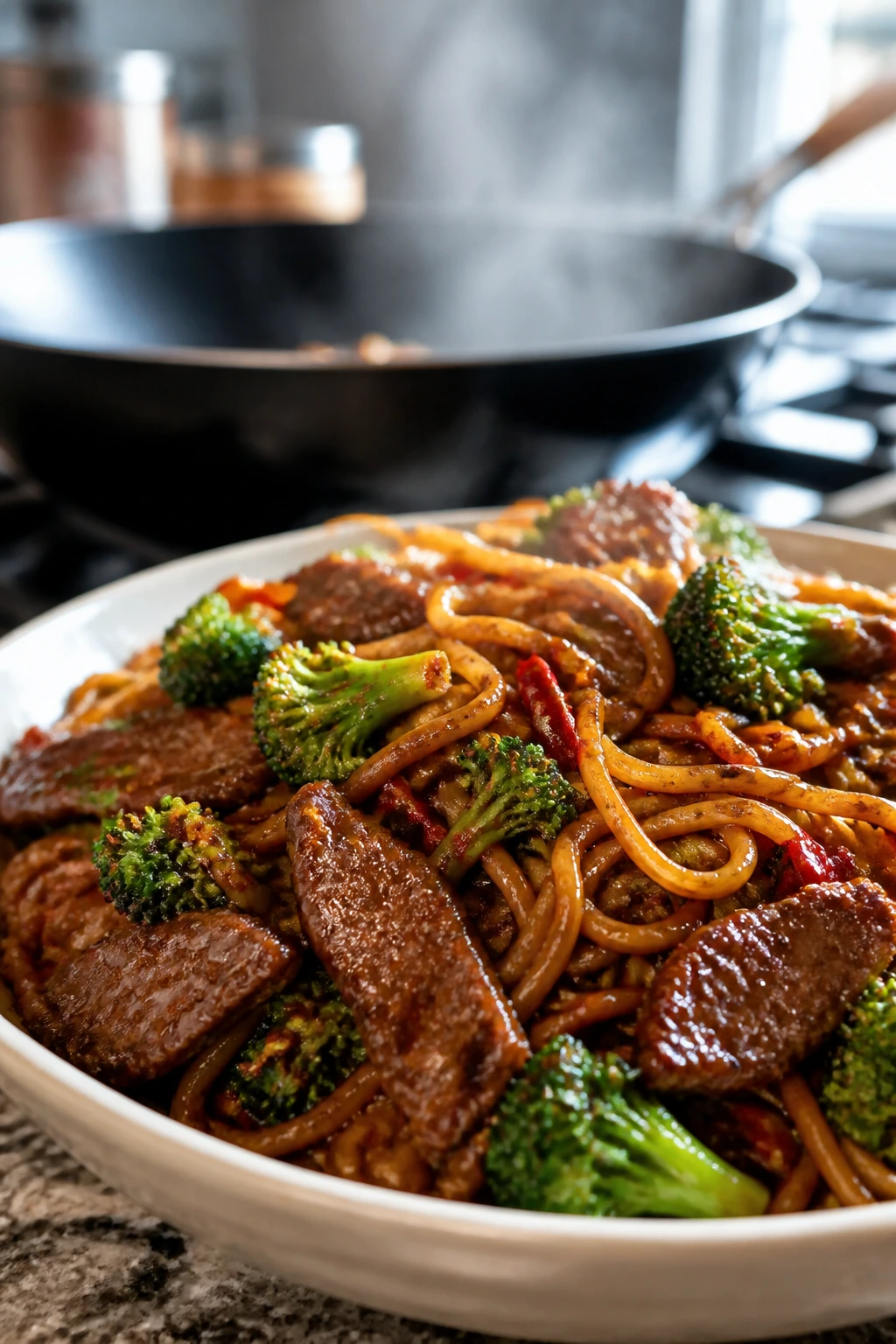 Close-up of spicy Szechuan beef and broccoli noodles in a bowl