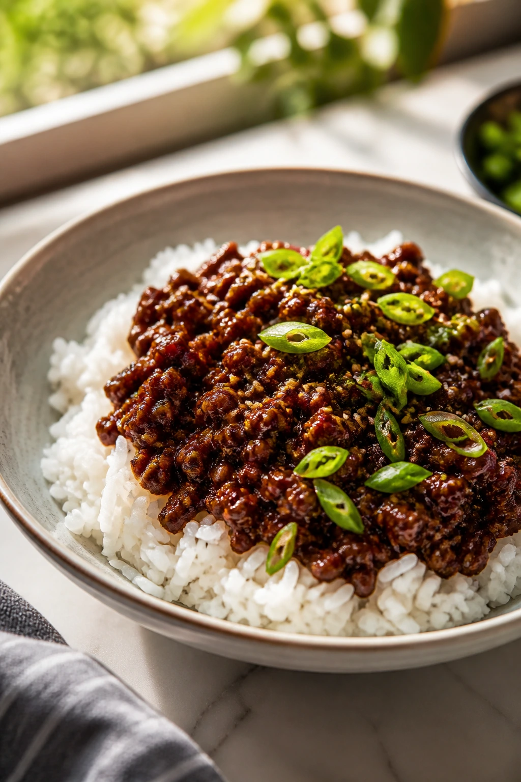 Plate of spicy Korean beef over jasmine rice with greens and sesame
