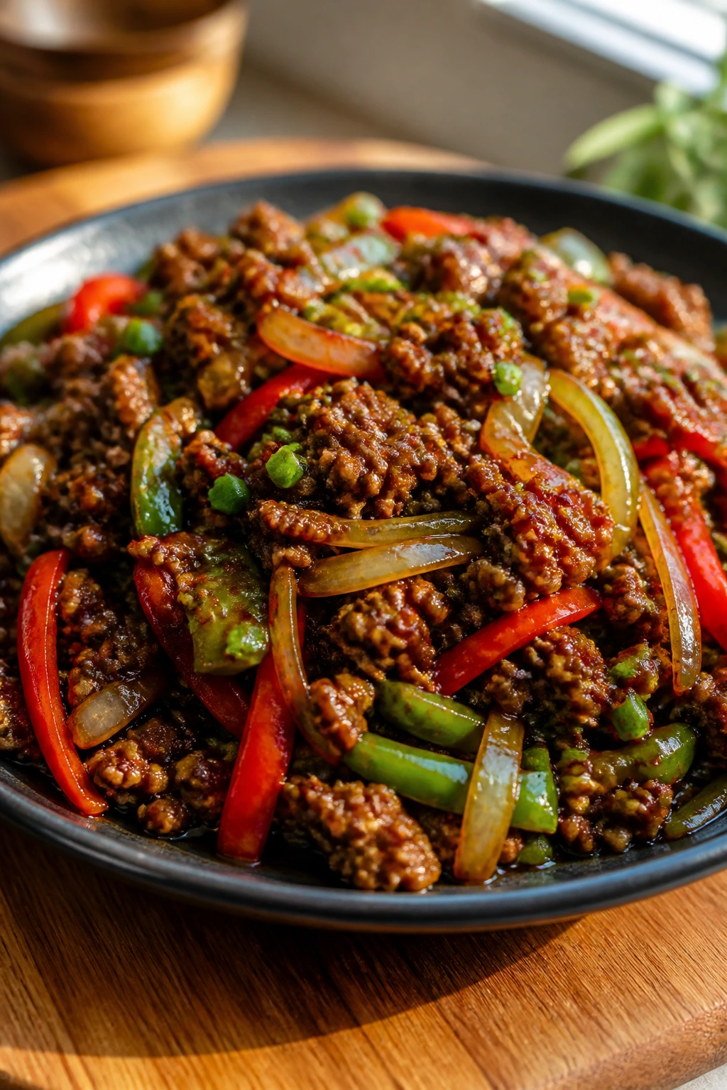 Plate of spicy ground beef stir fry with glossy sauce and crisp vegetables.