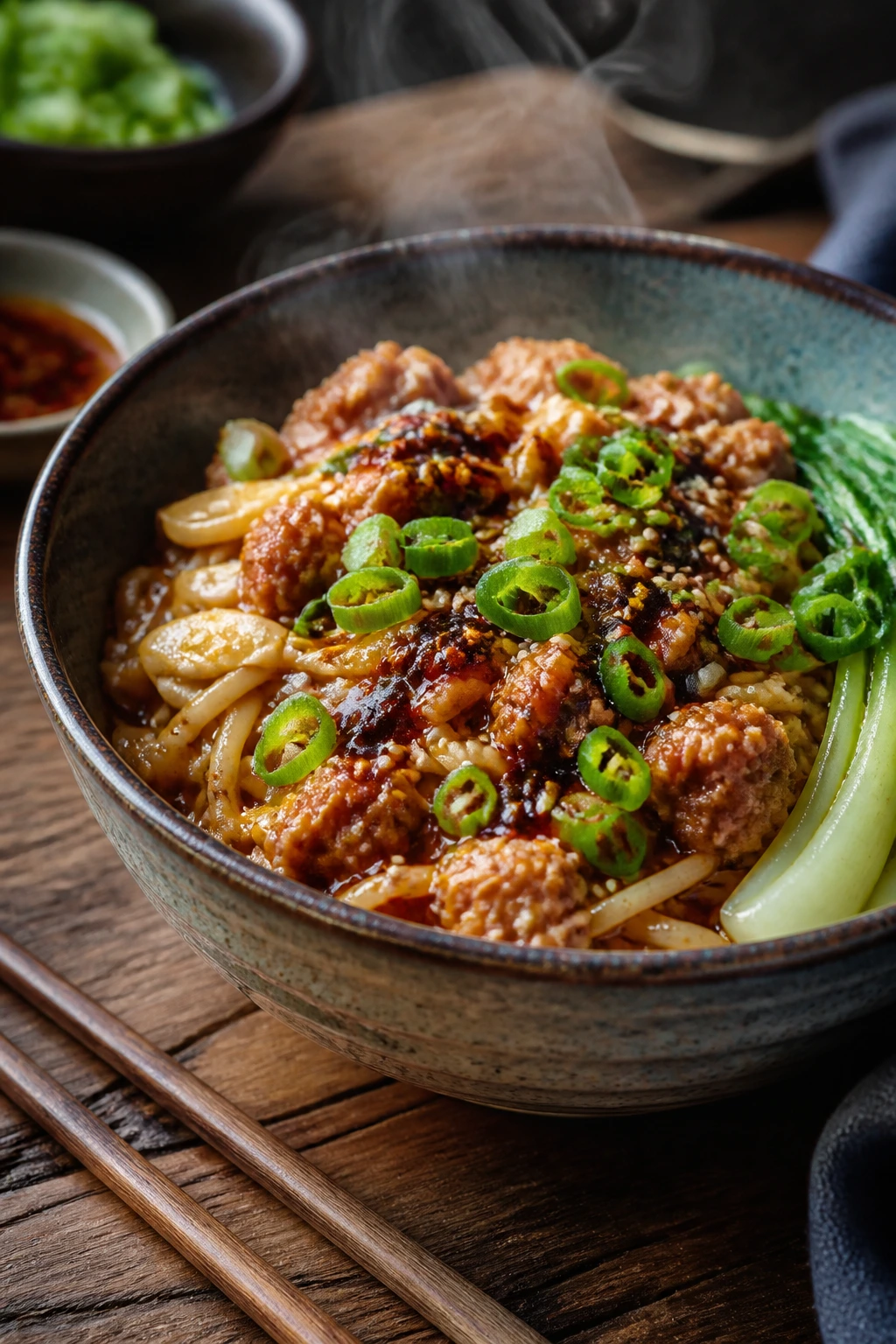 Steaming bowl of spicy noodles with toppings on a wooden table