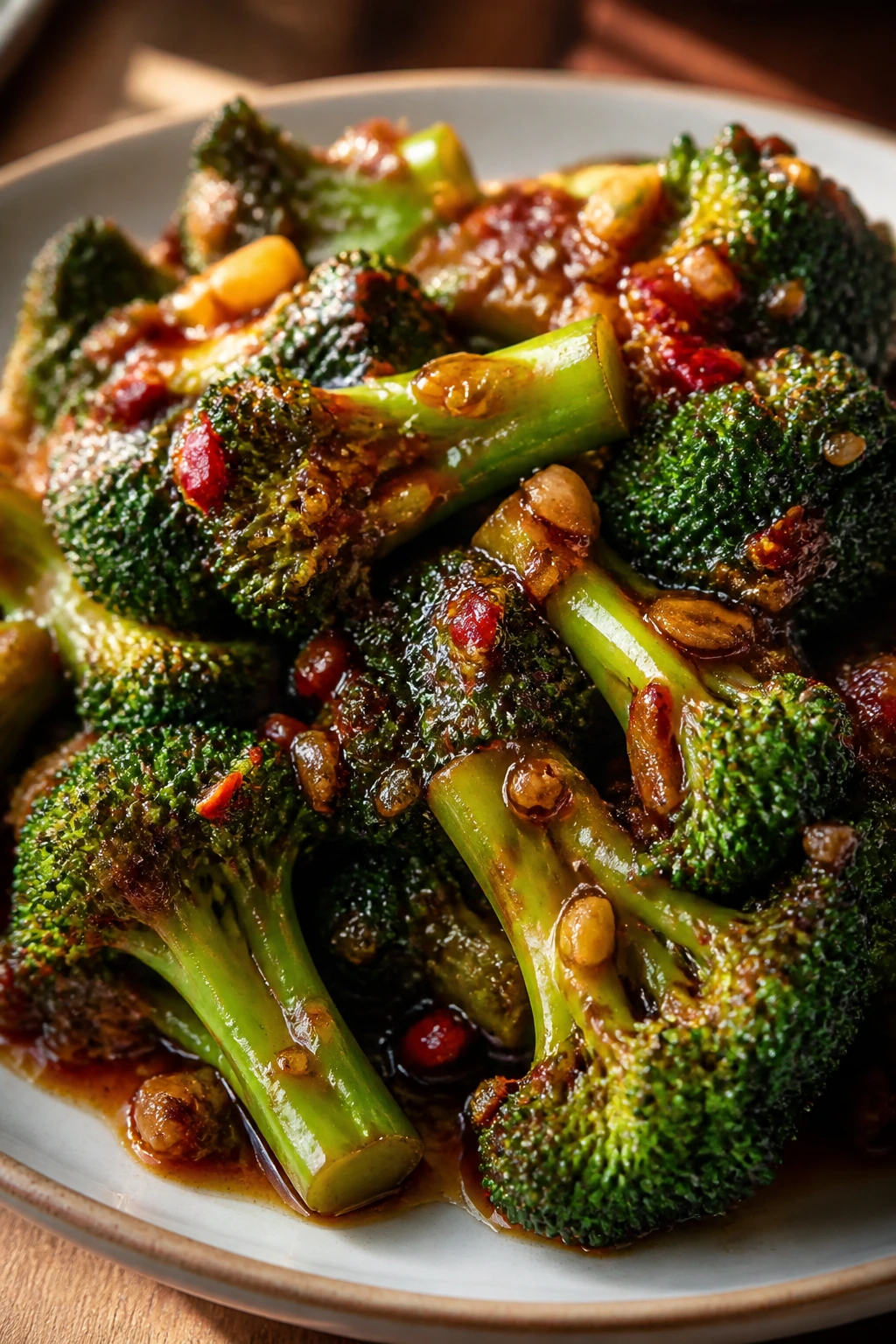 Glossy spicy broccoli florets on a plate