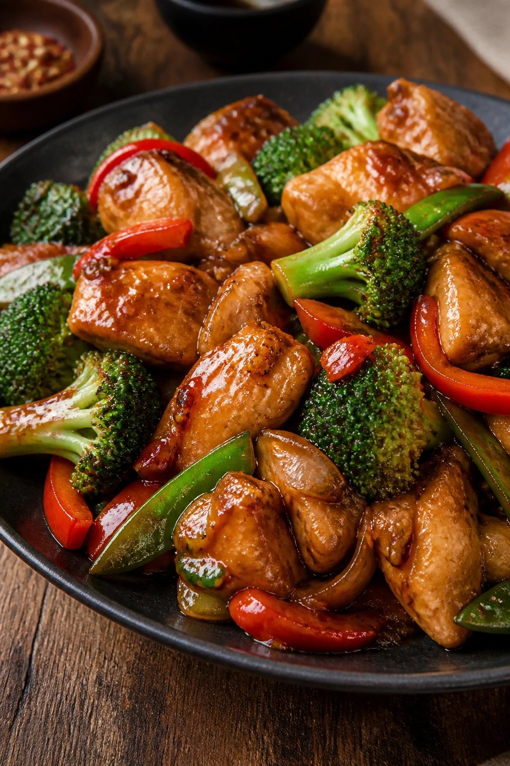 Close-up of a glossy plate of spicy chicken stir fry with vegetables