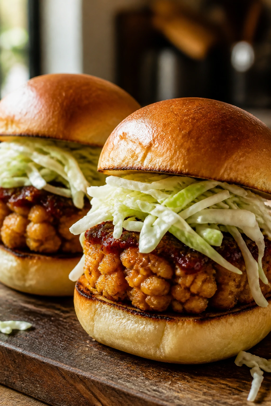 Close-up of spicy chickpea sliders with cabbage on toasted buns in a sunlit kitchen