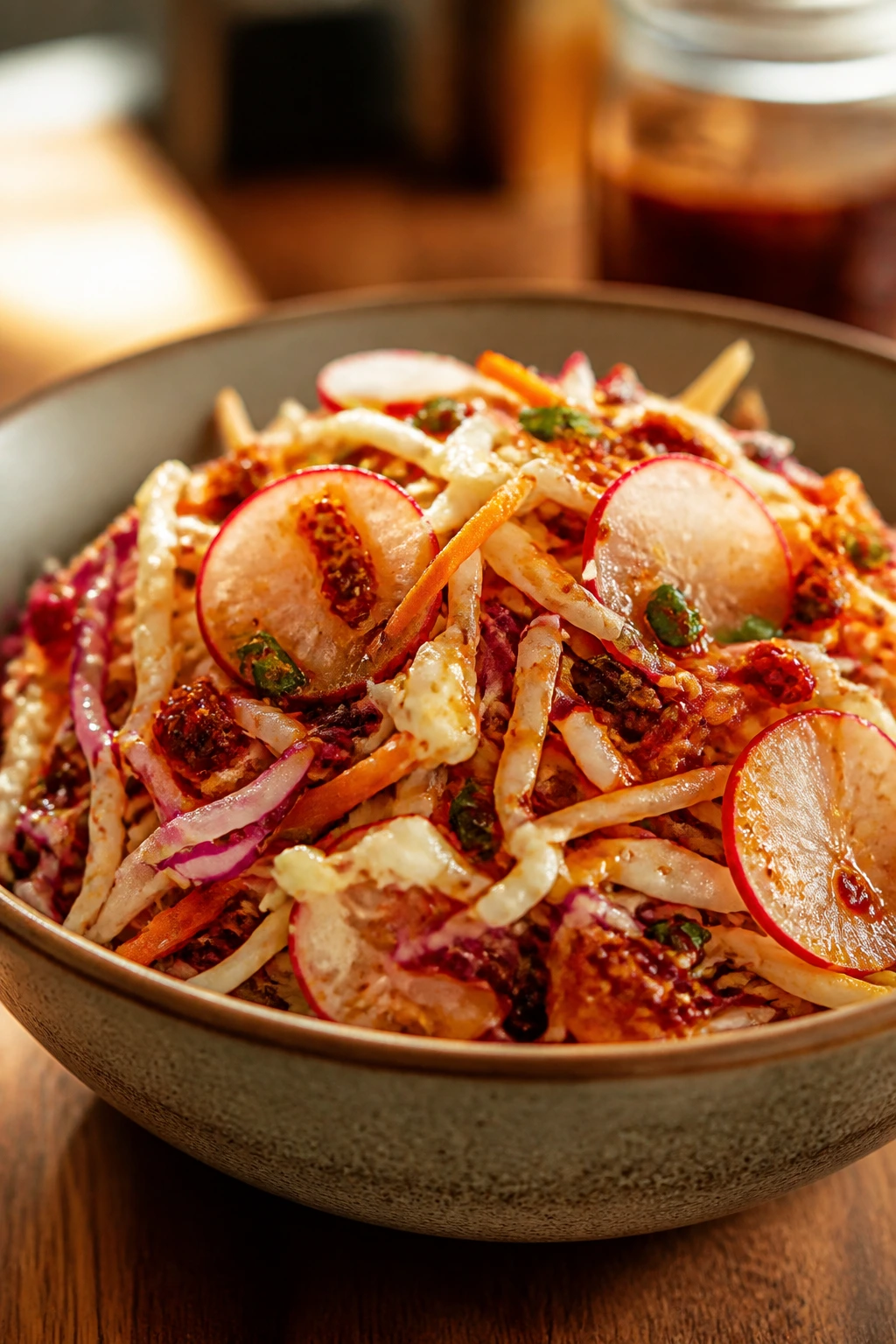 Close-up of spicy chili crisp slaw with visible chili flecks and crunchy radish