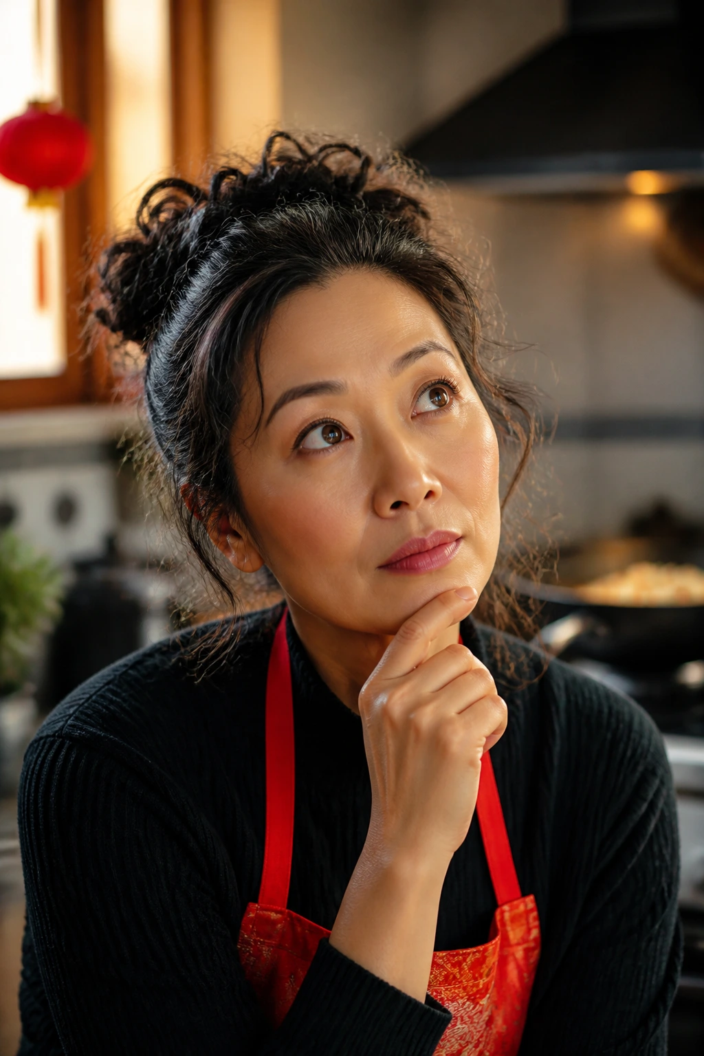 Real person portrait in a cozy kitchen with warm light, contemplating spicy Chinese New Year dishes